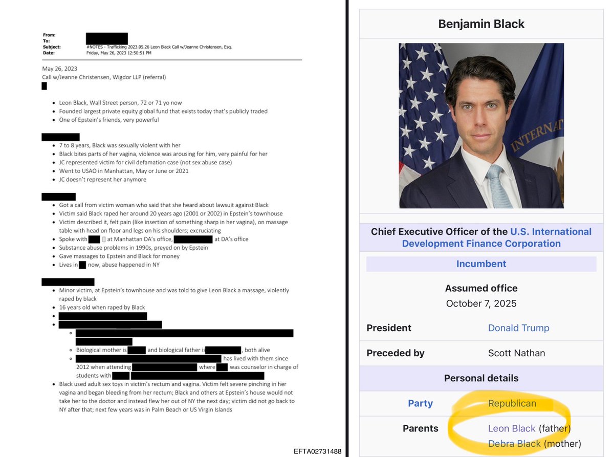 The Jewish-American investor Leon Black, who paid $158 million to Jeffrey Epstein, was discussed in the Epstein emails as “dangerous,” because he bit children’s private parts.

What’s insane is that his son currently works in the Trump administration, as if nothing ever happened.