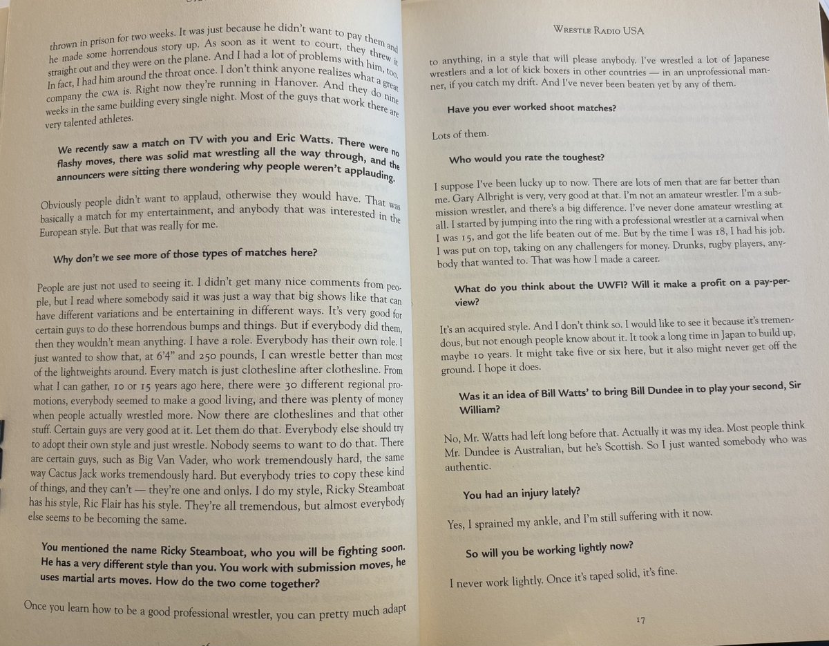 WrestleMagazine's tweet image. Here’s the whole interview, which was broadcast on the radio. 
Those are the only two you badmouth, whether it’s in character or not, is for you to decide, but don’t say it’s made up. 
Maybe someone can find the audio.