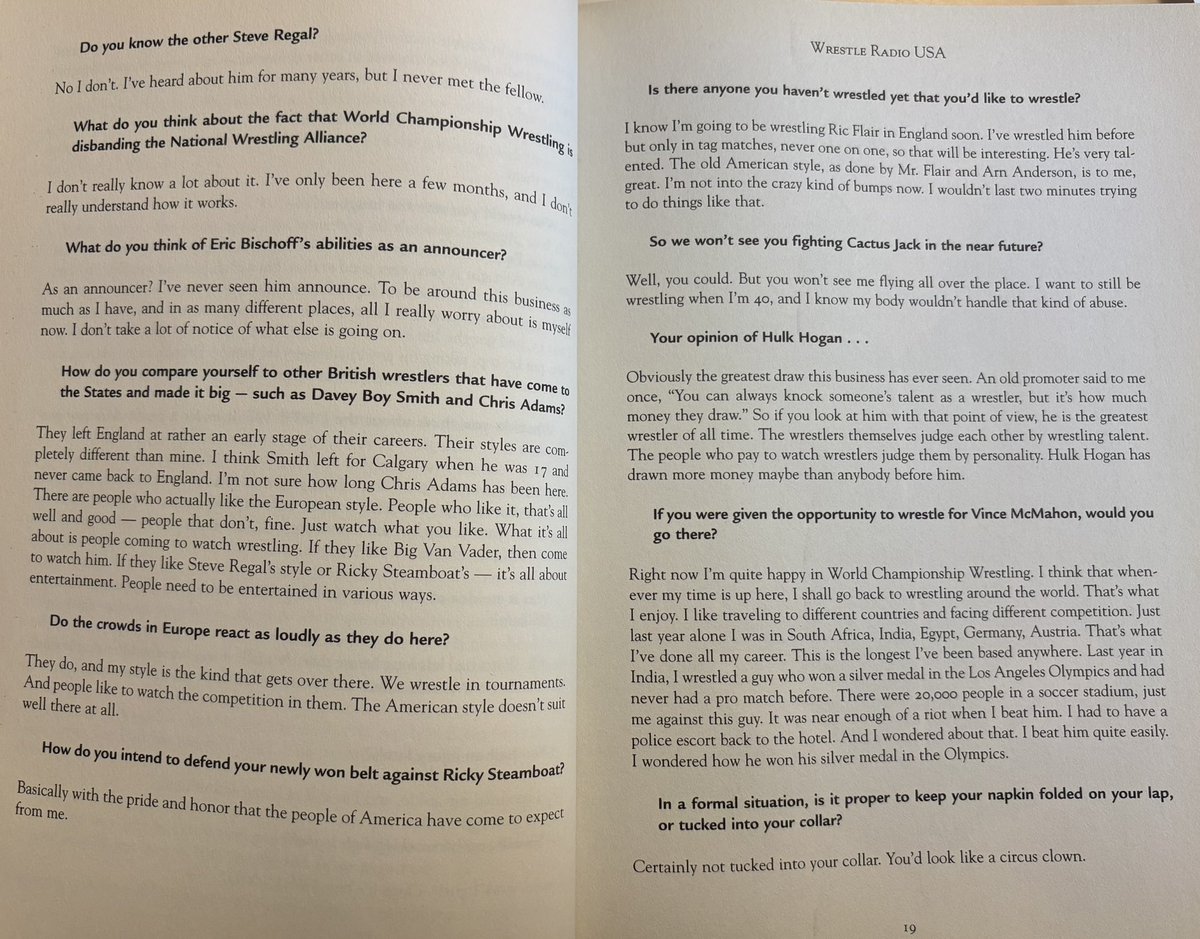 WrestleMagazine's tweet image. Here’s the whole interview, which was broadcast on the radio. 
Those are the only two you badmouth, whether it’s in character or not, is for you to decide, but don’t say it’s made up. 
Maybe someone can find the audio.