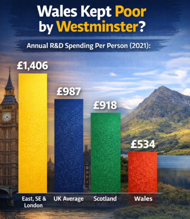 1/
Research and Development (R&amp;D) funding is NOT devolved:  🏴󠁧󠁢󠁥󠁮󠁧󠁿 Westminster decides.

R&amp;D Funding per person (2021 data):

🏴󠁧󠁢󠁥󠁮󠁧󠁿 East, S-E and London: £1,406

🏴󠁧󠁢󠁷󠁬󠁳󠁿 Wales: £534 (46% below UK average).

Q - WHY is 🏴󠁧󠁢󠁷󠁬󠁳󠁿  WALES IS KEPT POOR BY 🏴󠁧󠁢󠁥󠁮󠁧󠁿 WESTMINSTER ?