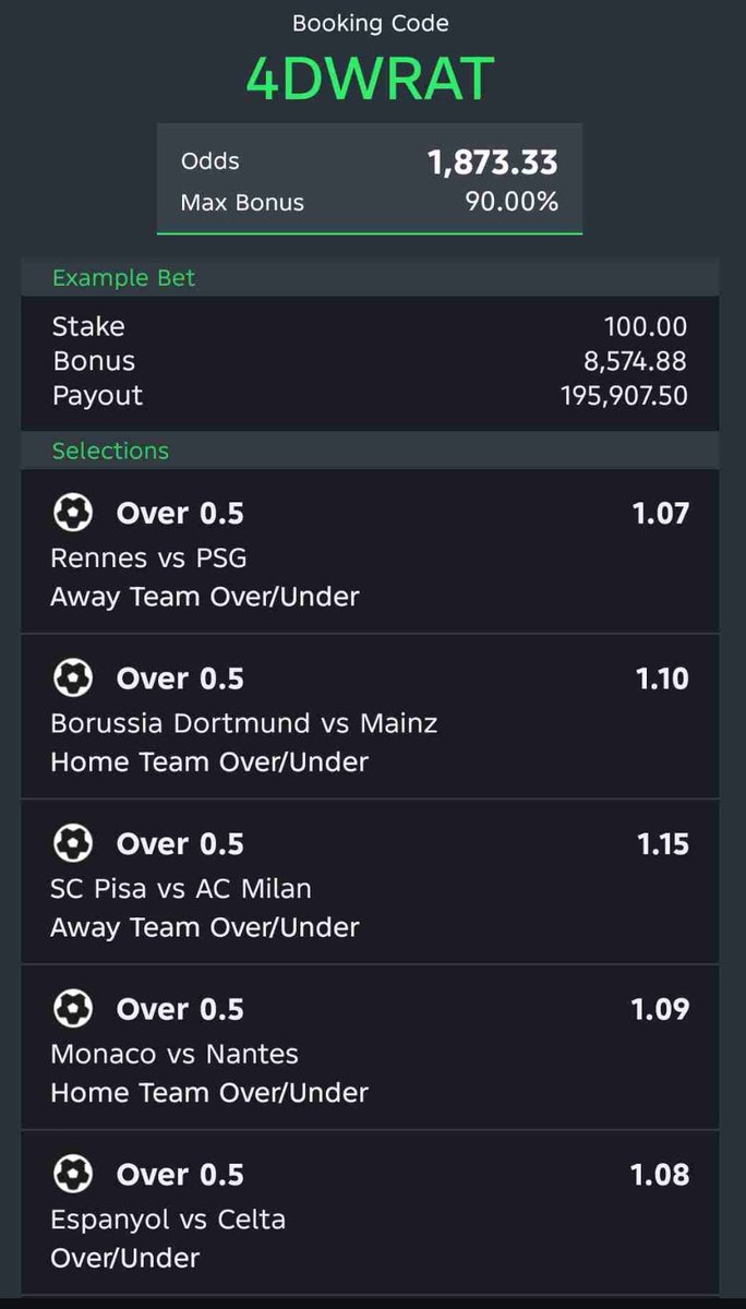 1,873 ODDS

Sportybet Code.  4DWRAT

Join Telegram Channel t.me/CindyKBDTips

Kindly Retweet 🔁