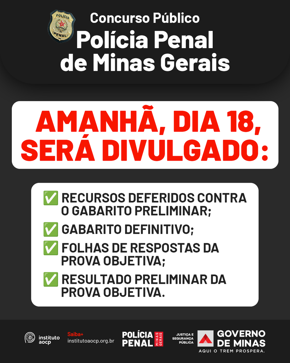 InstitutoAOCP's tweet photo. 📢 Atenção, candidatos do Concurso Público da PPMG!

Está chegando o grande dia! O resultado preliminar será divulgado AMANHÃ.

#institutoaocp #minasgerais #sejusp #ppmg #depen #políciapenal https://t.co/O61geQTPky