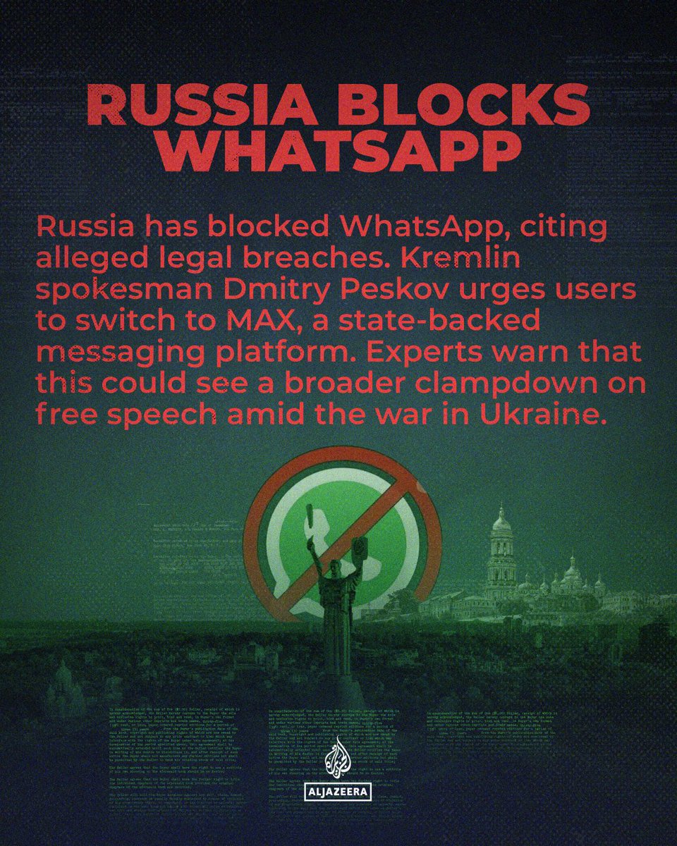 AJEnglish's tweet photo. Russia has blocked WhatsApp as authorities promote the state-backed MAX platform.  

Rights campaigners warn that restrictions on messaging apps are leaving users increasingly vulnerable to state surveillance. 

 #Infograph https://t.co/SLWw7IkF8m