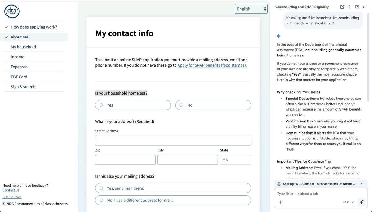 allafarce's tweet photo. People are wondering when AI will be helping people navigate government services. The answer is, uh, right now.

Here's Gemini (built into Chrome!) giving both accurate and helpful information to a common and high stakes question on a SNAP application. https://t.co/r0LNzBK7o3