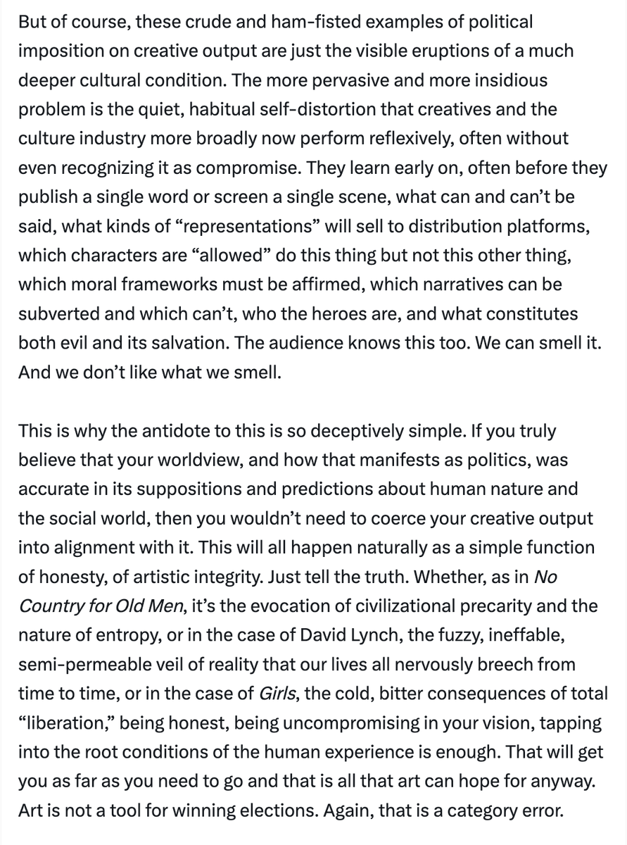 L0m3z's tweet photo. This part is good. The dumb, obvious, didactic ideological messaging that makes so much contemporary culture really really bad, is just the visible layer of a much deeper problem we don't see. https://t.co/tnXqoePUmb