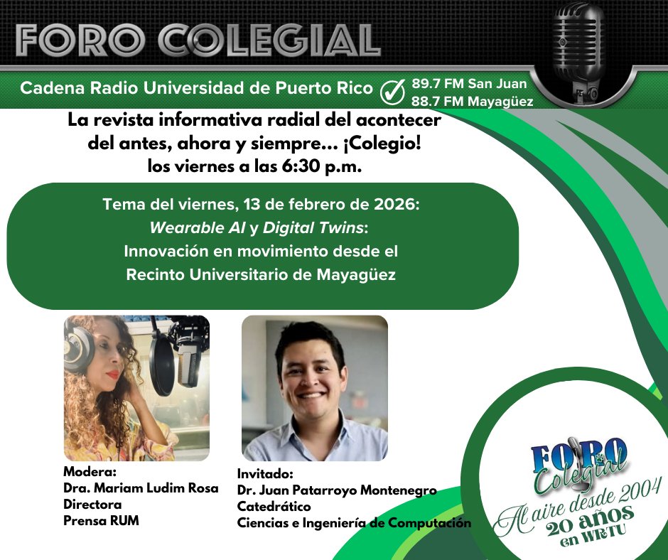 uprm's tweet photo. ¡𝐋𝐎𝐒 𝐕𝐈𝐄𝐑𝐍𝐄𝐒 𝐒𝐎𝐍 𝐃𝐄 𝐅𝐎𝐑𝐎 𝐂𝐎𝐋𝐄𝐆𝐈𝐀𝐋!
Foro Colegial es la revista informativa radial del acontecer del RUM. Se transmite todos los viernes de 6:30 a 7:00 de la noche a través de Radio Universidad de Puerto Rico en el 88.3 FM en Mayagüez, el 89.7 FM en SJ. https://t.co/uUUodZIt1T
