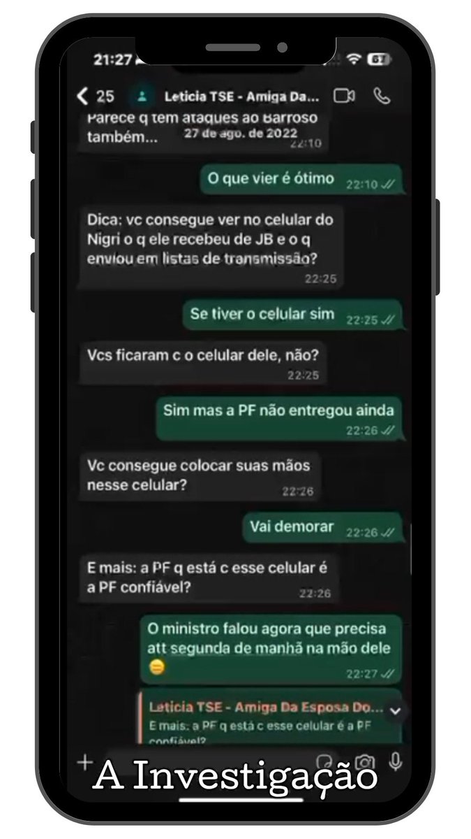 É que a PF que pegou o Vorcaro não é "a confiável". Não na definição dos capangas de Moraes et caterva na corporação. (Print de conversa entre <a href="/bruxaOD/">Bruxa</a>, Letícia Sallorenzo — militante pró-censura e pró-Lula — e Eduardo Tagliaferro, na época chefe da Assessoria Especial de