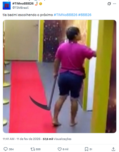 O perfil da Tim postou um meme da Milena com uma foice da morte indo no quarto do Jonas! 

Se eu fizesse esse mesmo meme, só que com o Jonas indo com uma foice no quarto da Ana Paula, a chance deu ser processado seria grande né?

#BBB26