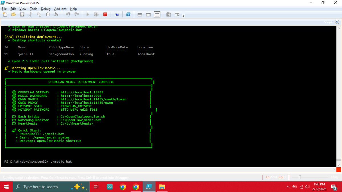 when_robots_cry's tweet image. @openclaw for @Windows 10 no wsl2 powershells are vamping up. pretty soon i will release some special "powerspells" using the no wsl2 build to harness SSHO: agents "shell agents" that integrate with sub agents. this is the **TINYCLAW OS** medic i'm working on.