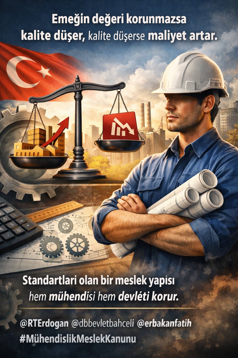 Güçlü bir ülke olmanın yolu, güçlü ve nitelikli mühendislerden geçer. Bu nedenle Mühendislik Meslek Kanunu ivedilikle çıkarılmalı ve mühendisler hak ettikleri değeri mutlaka görmelidir.
<a href="/RTErdogan/">Recep Tayyip Erdoğan</a> <a href="/MDervisogluTR/">Müsavat Dervişoğlu</a> <a href="/eczozgurozel/">Özgür Özel</a> <a href="/erbakanfatih/">Dr. Fatih Erbakan</a> <a href="/umitozdag/">Ümit Özdağ</a> <a href="/dbdevletbahceli/">Devlet Bahçeli</a>