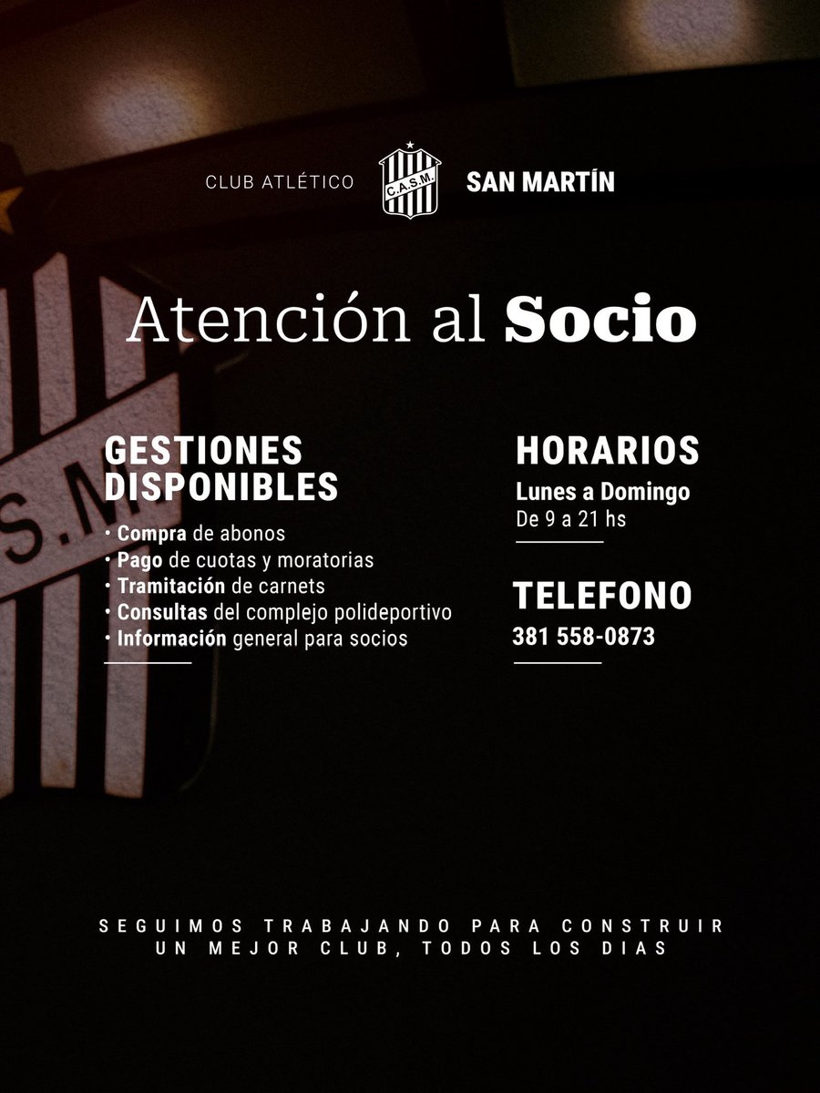 🔴⚪️ #Institucional 

El club puso en funcionamiento el Centro de Atención al Socio, una nueva vía digital para mejorar la atención y agilizar gestiones

🕥Lun a Dom de 09 a 21hs

👉🏻Trámites de abono, pago de cuotas y moratorias, gestión de carnet, info gral.

📲3815580873