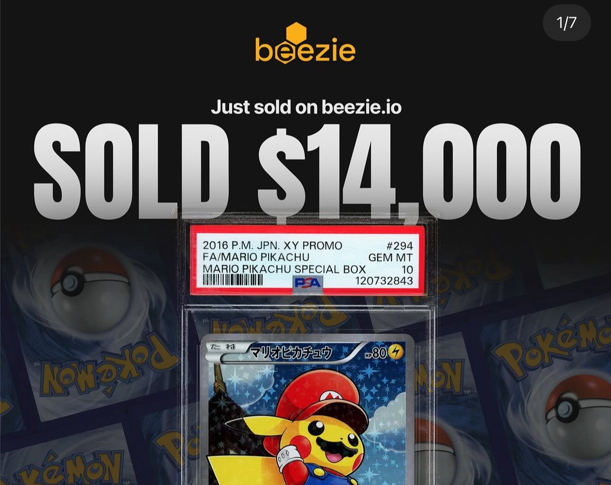 Last sold was $20,990 

There are so many good Pokemon snipes on Beezie it’s ridiculous. 

Mario Pikachu is goated