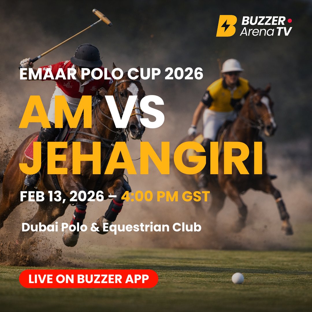 BuzzerFan's tweet photo. 🏇 LIVE POLO | EMAAR POLO CUP 2026

AM 🆚 Jehangiri take the field in the EMAAR Polo Cup 2026.

📍 Dubai Polo &amp; Equestrian Club
📅 February 13, 2026
⏰ 4:00 PM GST

Stream it LIVE on Buzzer!

Link in bio.

#EmaarPoloCup #DubaiPolo #AMPolo #JehangiriPolo #Buzzer https://t.co/qpkUbslYBh