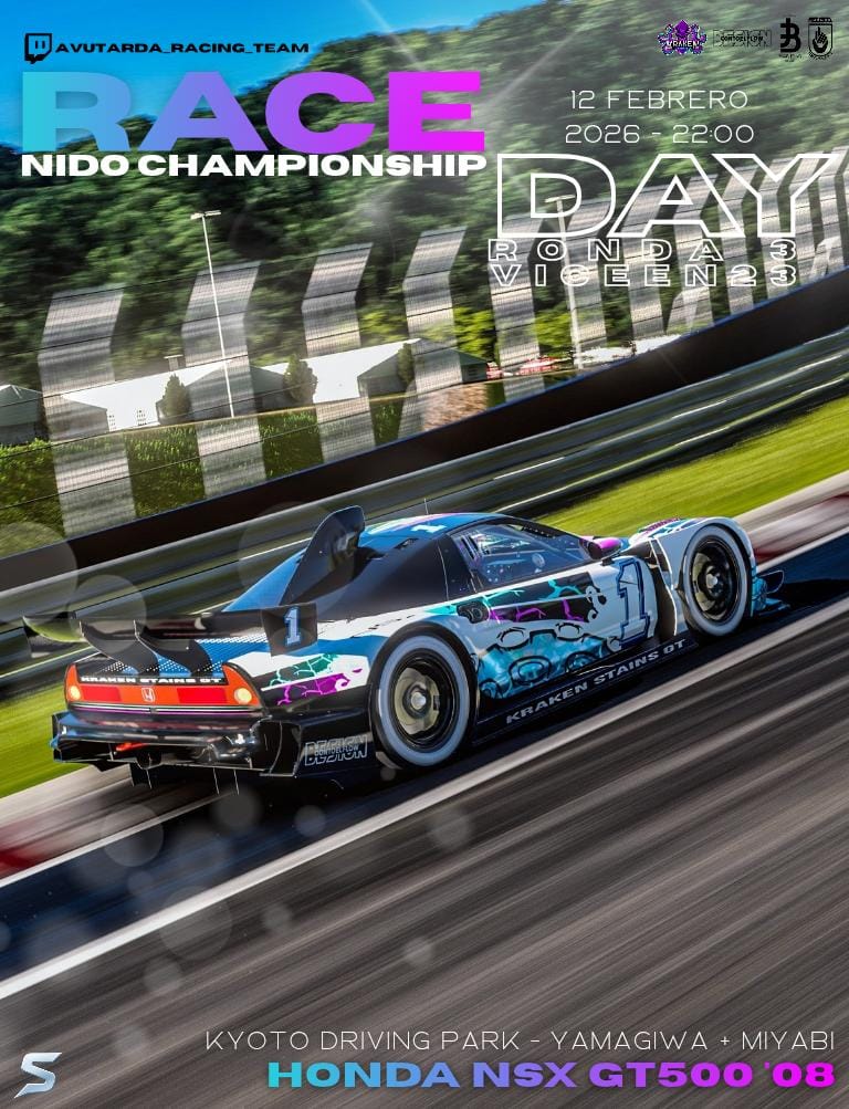 🏁 𝗡𝗜𝗗𝗢 𝗖𝗛𝗔𝗠𝗣𝗜𝗢𝗡𝗦𝗛𝗜𝗣 🏁

📍 𝖱𝗈𝗇𝖽𝖺 3 <a href="/AvutardaTeam/">Avutarda eSports</a>  

🐙 <a href="/VicenteteM/">Vicent Martinez #Viceen</a>
🏎️ Honda NSX GT500 '08
🖌 <a href="/Con_ToEl_Flow/">ConToelFlow_Designs</a> 

🇯🇵 Kyoto - Yamagiwa + Miyabi
🕤 𝟤𝟤:𝟢𝟢

🖼 <a href="/KRK_Aitorcota/">Aitorcota</a>
 
📺 twitch.tv/avutarda_racing