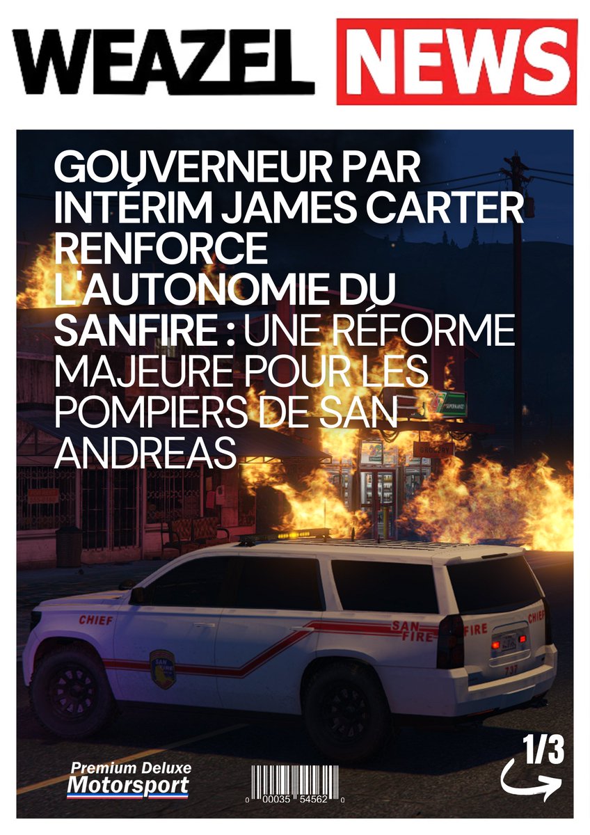 WZN_SA's tweet photo. 🟥 Gouverneur Par Intérim James Carter Renforce l'Autonomie du SanFire : Une Réforme Majeure pour les Pompiers de San Andreas

#SanFire #FireDepartment #JamesCarter #SanAndreas #ExecutiveOrderSA #FirefightersSA #WeazelNews #LosSantos #SADoJ #SADoJRP https://t.co/Aaed6hapYN