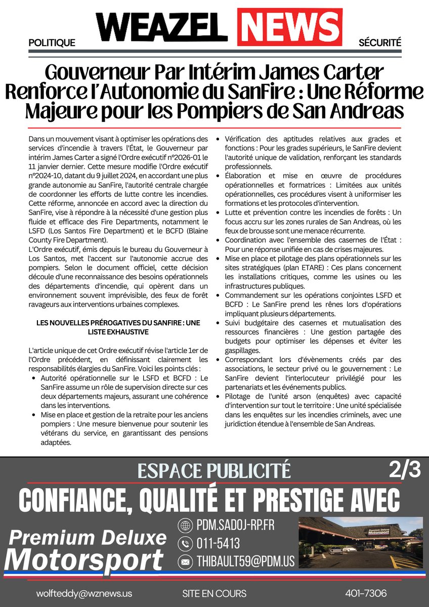 WZN_SA's tweet photo. 🟥 Gouverneur Par Intérim James Carter Renforce l'Autonomie du SanFire : Une Réforme Majeure pour les Pompiers de San Andreas

#SanFire #FireDepartment #JamesCarter #SanAndreas #ExecutiveOrderSA #FirefightersSA #WeazelNews #LosSantos #SADoJ #SADoJRP https://t.co/Aaed6hapYN