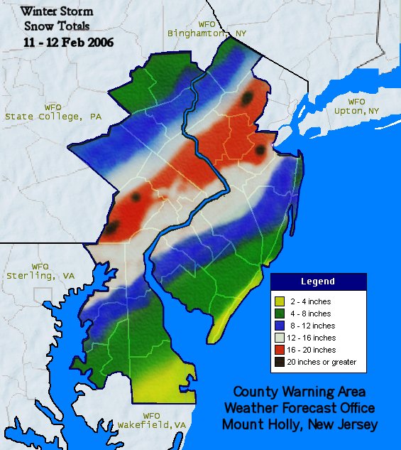 20 years ago today, the February 2006 blizzard hit the region. This system featured a relatively narrow band of extremely heavy snow and a steep gradient on both sides to the NW and SE. Official airport totals:
ABE - 15.2
ILG - 14.4
TTN - 13.1
PHL - 12.0
RDG - 11.3
ACY - 4.2