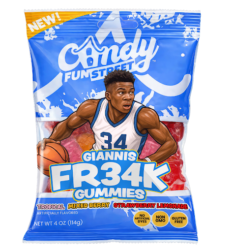 mbasta4's tweet photo. @cpgwire From Greek Freak to Sweet Freak: Giannis Launches FR34K Gummies, a new premium gummy line created in partnership with Candy Funhouse. Giannis personally chose the three flavors: Tropical, Mixed Berry, and Strawberry Lemonade.  Available at https://t.co/fHFLktfbnS. https://t.co/0NdG8PqXwv
