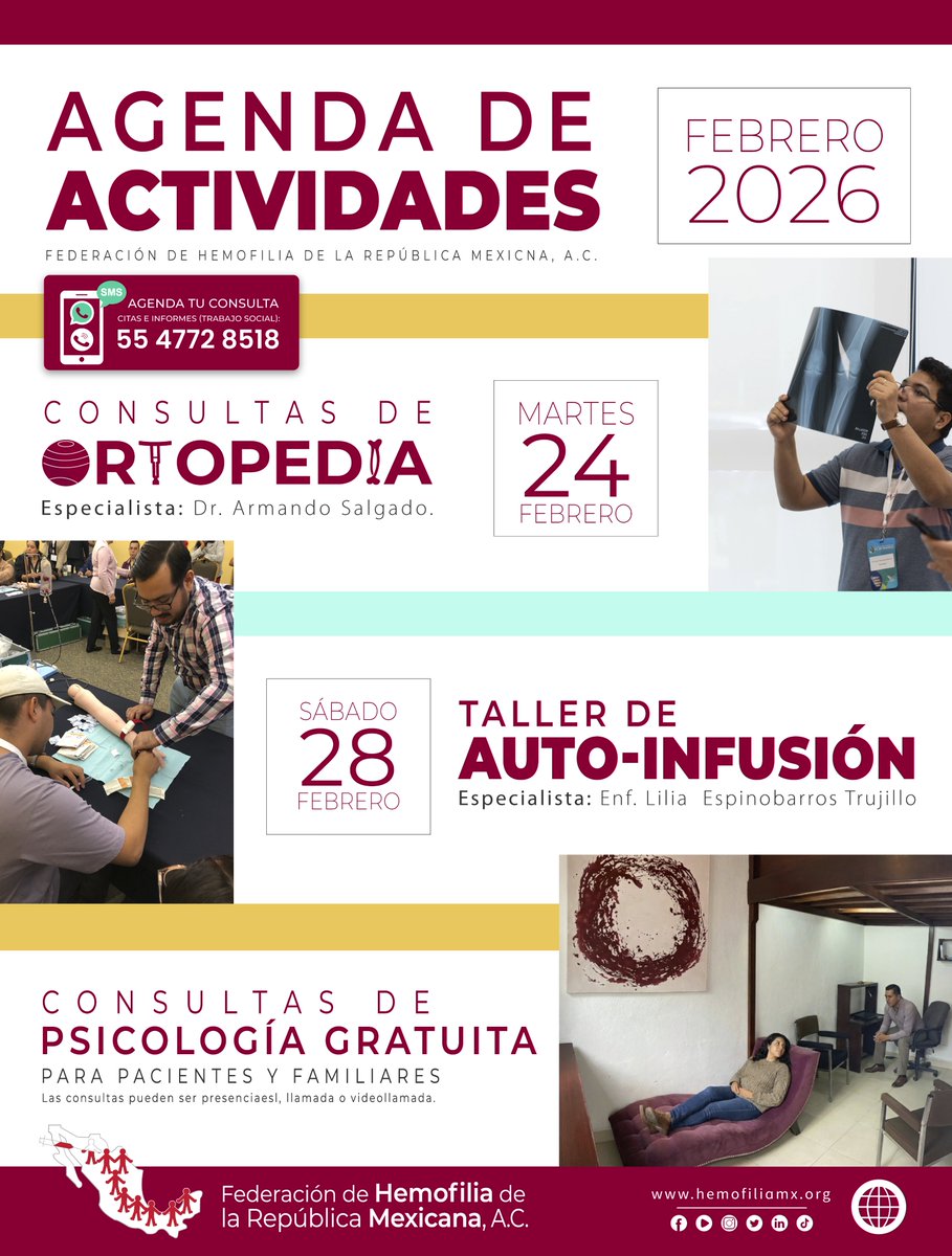¡Tu salud y bienestar son nuestra prioridad!
En la #FHRM iniciamos con todo las actividades de febrero. Te presentamos nuestra agenda de servicios diseñados para fortalecer tu calidad de vida y autonomía.
¿Cómo agendar?
Manda un WhatsApp o llama al: 55 4772 8518
#hemofilia
