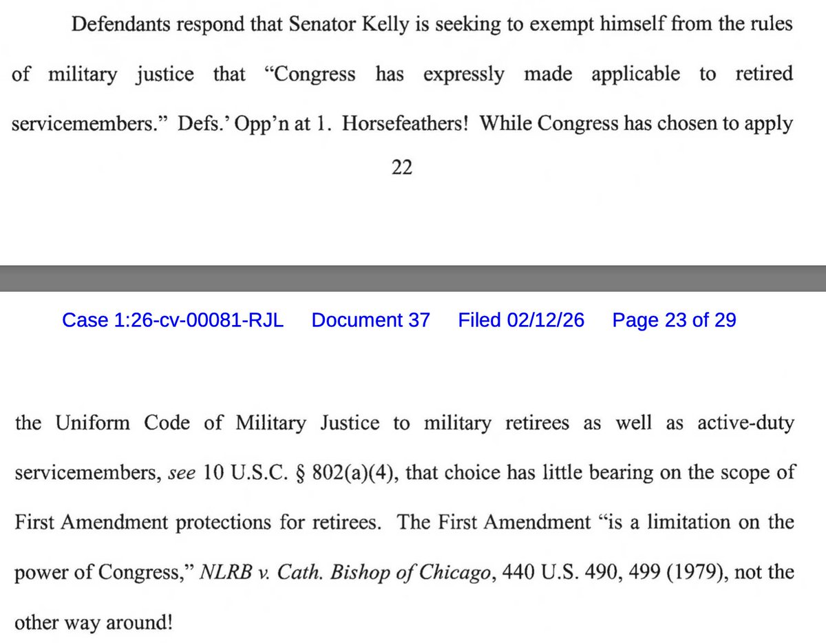 PenguinSix's tweet image. "Horsefeathers!" -- US District Judge Richard Leon laughs away some of the government's arguments as he rules in favor of Sen. Mark Kelly against Secretary Pete Hegseth, granting an injuction against retaliatory actions by the Secretary in "illegal orders" video case.