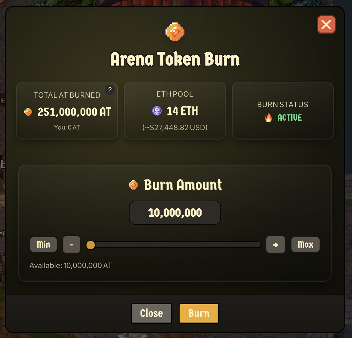 Arena Token burn is live in <a href="/playdegenarena/">Duel Arena</a> 🔥

A HUGE 14 ETH pool will be distributed among all token burners, minimum burn of 10M AT is required! The pool consists of 50% of all Energy Orb purchases.

24 HOURS ONLY ⏰