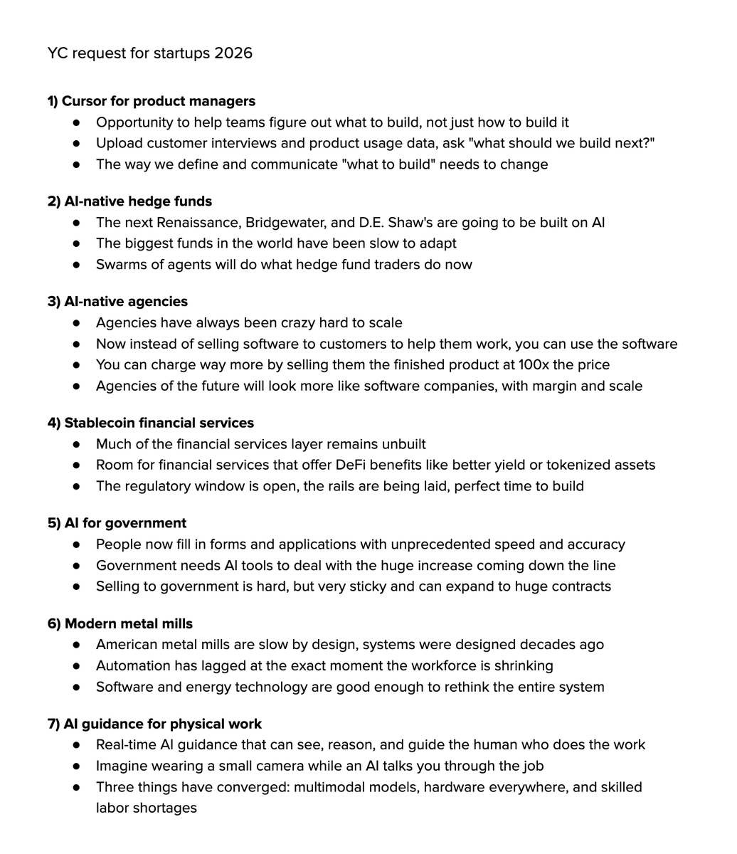 aaditsh's tweet photo. YC just told you where the next trillion-dollar companies are hiding.

Their 2026 Request for Startups includes:

1. Cursor for PMs
2. AI-native hedge funds
3. AI-native agencies with software margins
4. Modern metal mills
5. Infrastructure for government fraud hunters

The pattern: AI isn't replacing industries. It's rebuilding them from scratch.

The ideas are public. The question is who builds them first.