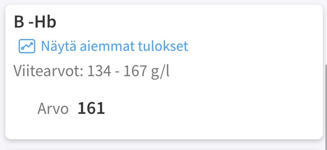 Syöpäseurantakontrolliverikoe tänään (tulipas hieno ja pitkä yhdyssana 😎). Kaikki muutkim arvot oikke hyviä ja mun hemoglobiini on kuin nuorella urheilijalla. Syöpämarkkeriarvo eli karsinoembryonaalinen antigeeni -tulos tulee myöhemmin, toivottavasti sekin ok.