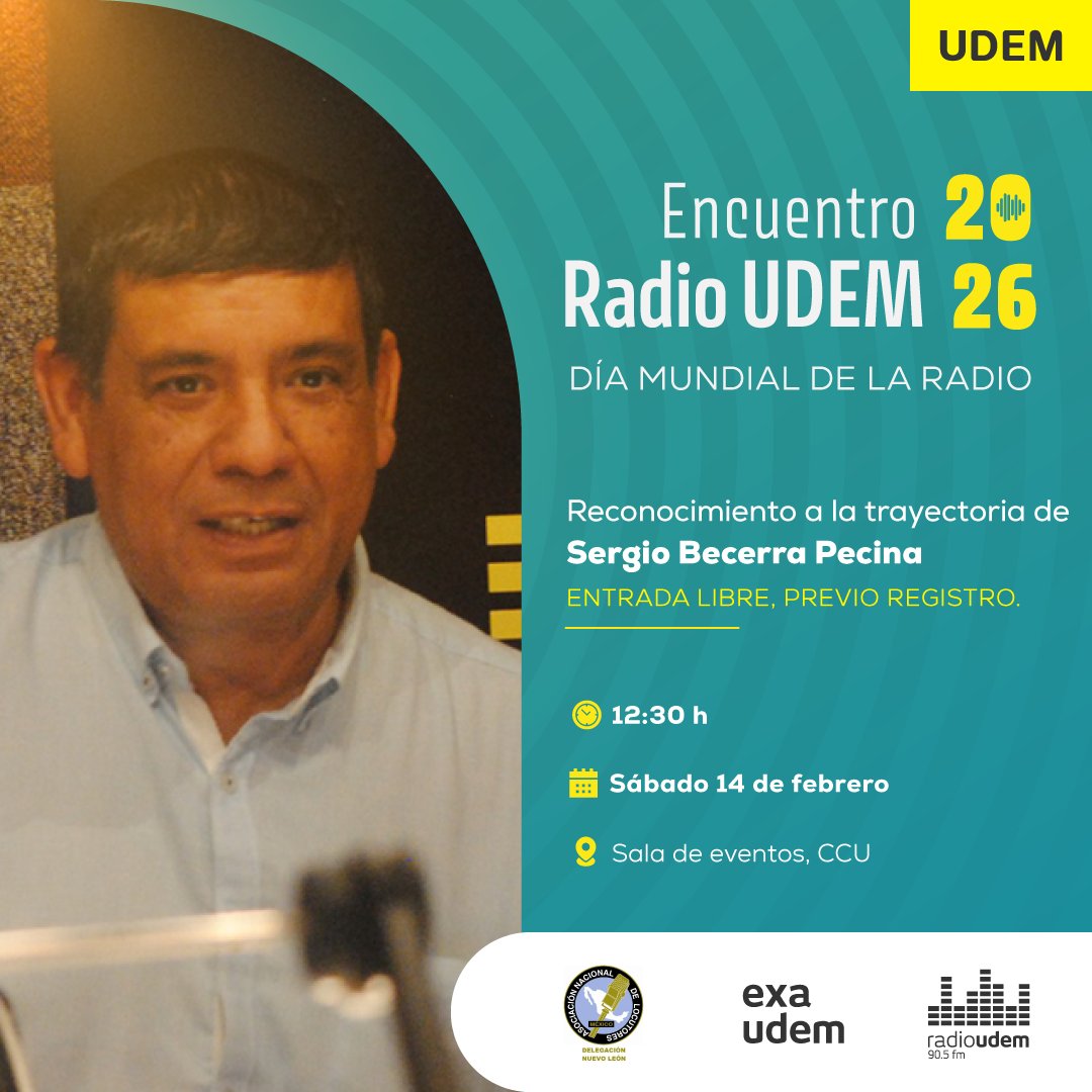 🎙️ Encuentro Radio UDEM 2026

En el marco del Día Mundial de la Radio 📻

📅 14 de febrero
📍 Sala de Eventos

Homenajes y reconocimientos especiales.

👉 Registro: forms.gle/jAJeGtabWpiBYf…