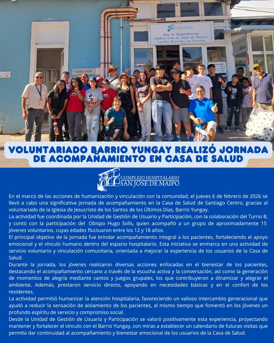 💙🤝 Voluntariado Barrio Yungay acompañó a usuarios de Casa de Salud
El pasado 6 de febrero de 2026, la Casa de Salud de Santiago Centro recibió la visita del voluntariado de la Iglesia de Jesucristo de los Santos de los Últimos Días.