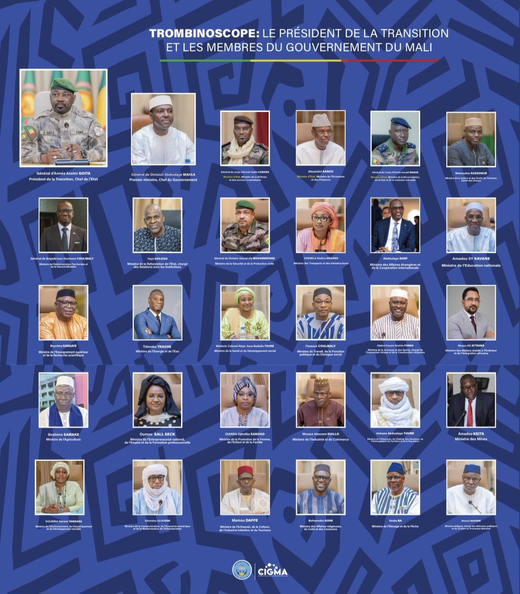 #CIGMA #INFO | Trombinoscope - Le Président de la Transition, Chef de l’Etat et les membres du Gouvernement du #Mali

Plus d’infos sur gouvernement.ml 

#CIGMA