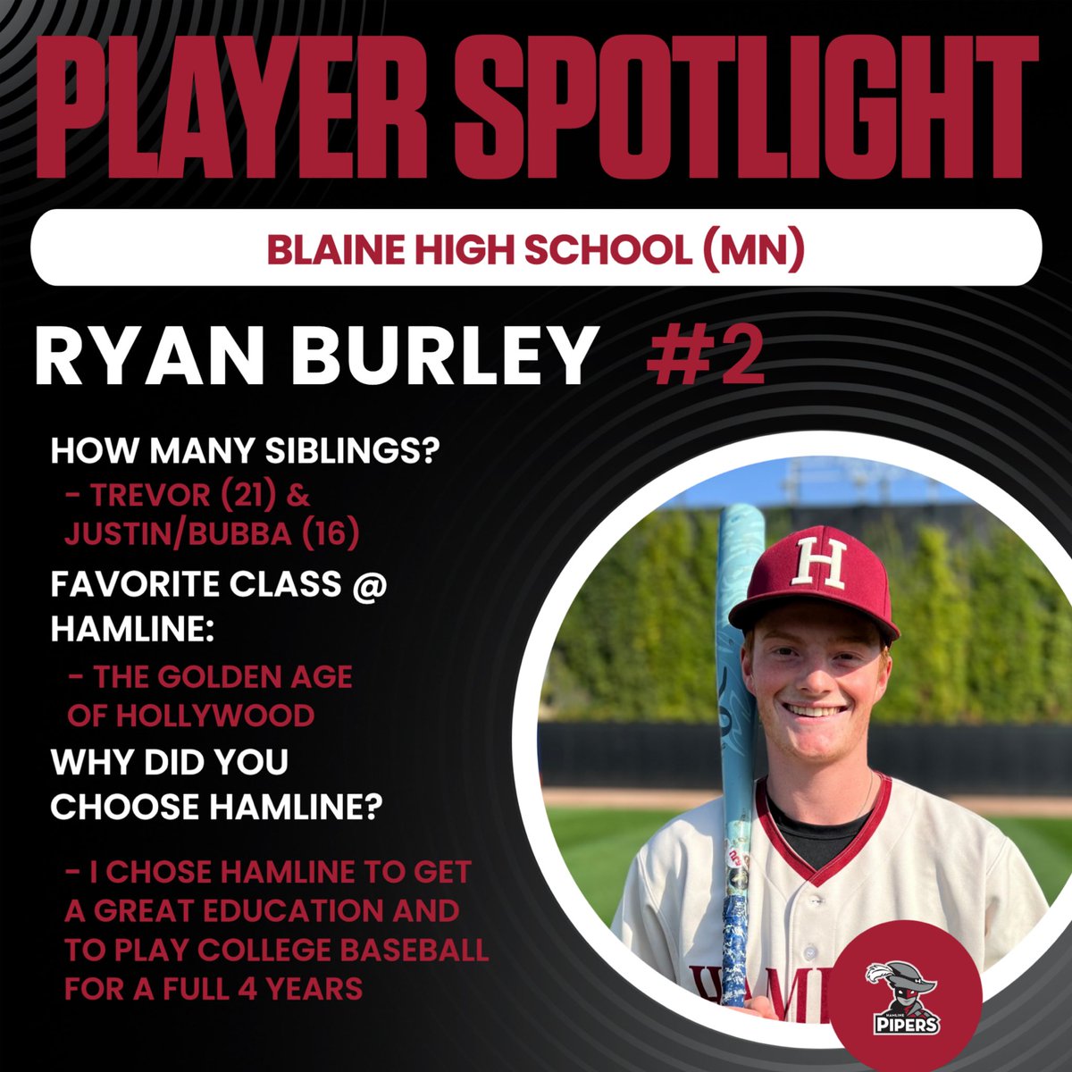 PiperBaseball's tweet photo. 2️⃣ DAYS Until Game Day!
Today we feature 2028 Grad & HU Baseball Leadership Committee Member, Ryan Burley! (#2)
📍Blaine, MN
#GoPipers #CountdownToGameDay https://t.co/U2l1HQ6EpW