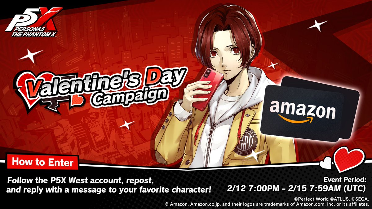 Love is in the air, so celebrate the season with a special Valentine's Day giveaway! 🦉💕✨

➀ Follow <a href="/P5XOfficialWest/">Persona5: The Phantom X (Official West)</a>
➁ Repost 
③ Reply with a message to your favorite character

Three winners will receive one $100 Amazon Gift Card!
Official rules: persona5x.com/rules/en/terms…