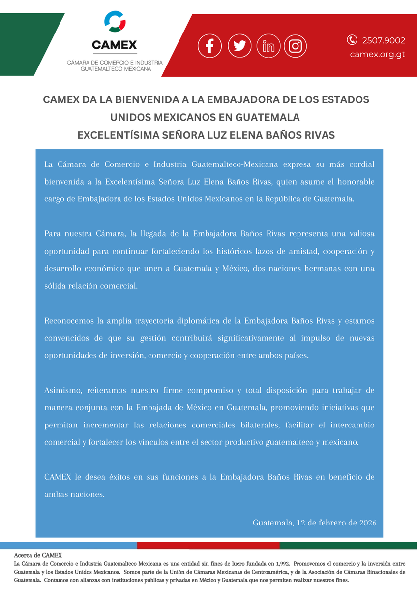 Camexgt's tweet photo. CAMEX felicita a la Embajadora de los Estados Unidos Mexicanos en Guatemala Luz Elena Baños Rivas @banos_elena: https://t.co/jTyelRHpgC