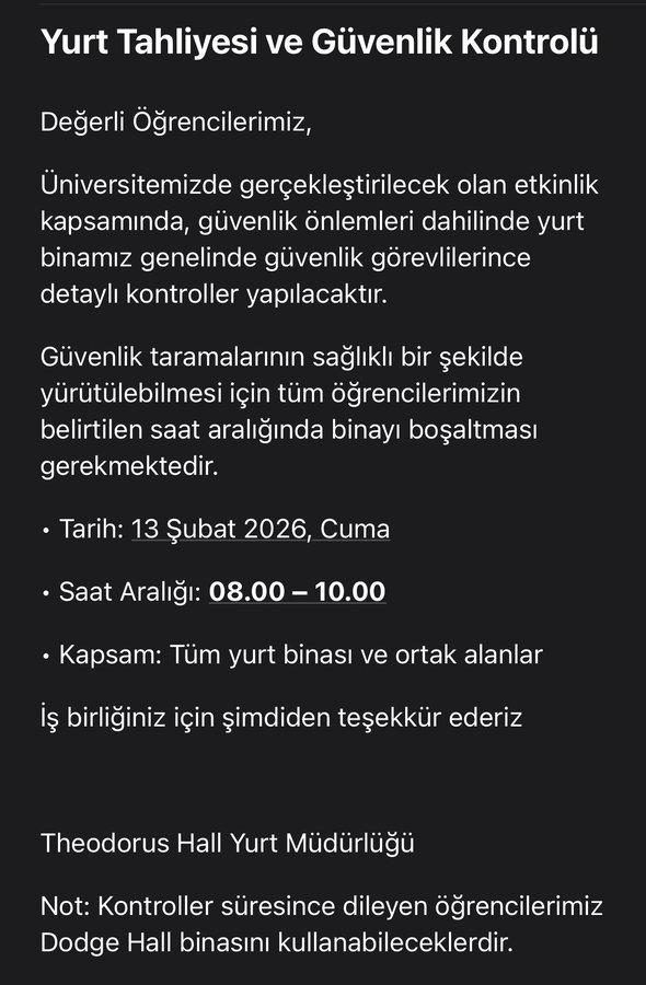 etkiIihaberyeni's tweet photo. Cumhurbaşkanı Erdoğan'ın ziyareti nedeniyle yurtlarda yapılacak güvenlik kontrolü için öğrencilerin yurtları boşaltması istendi. https://t.co/Qwkez1PXGZ