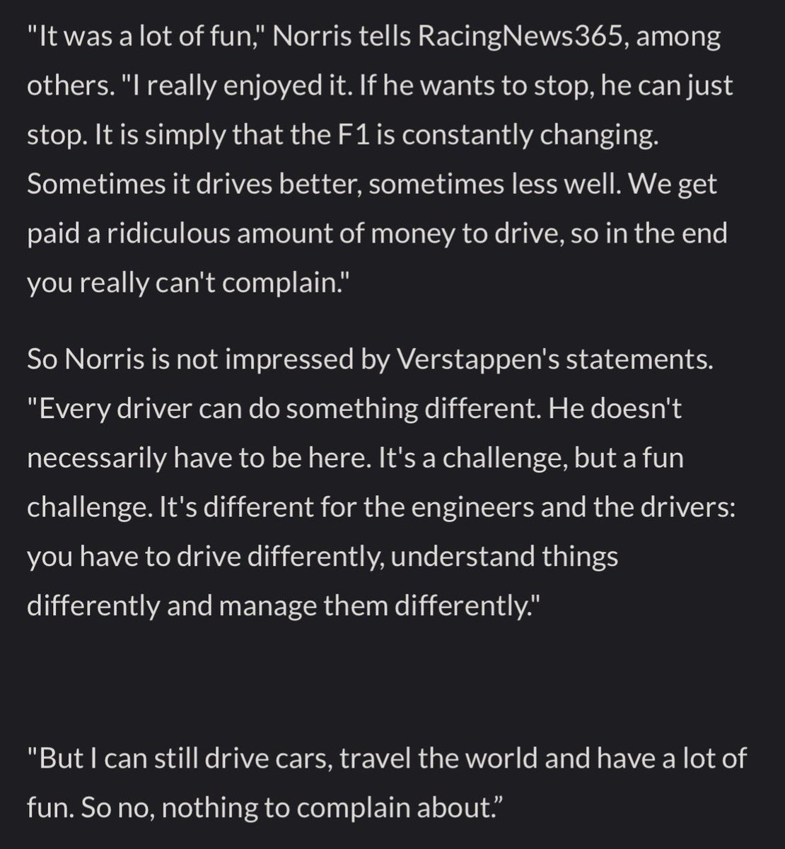 Lando Norris responding to Max Verstappen’s comments about the new regs 🍿