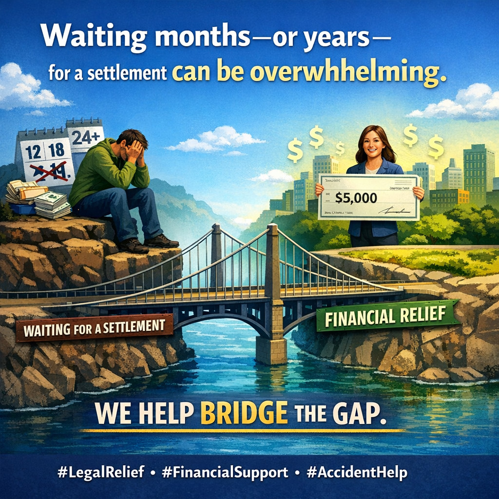 CLFunding's tweet image. Waiting months—or years—for a settlement can be overwhelming. We help bridge the gap. 🌉 #LegalRelief #FinancialSupport #AccidentHelp