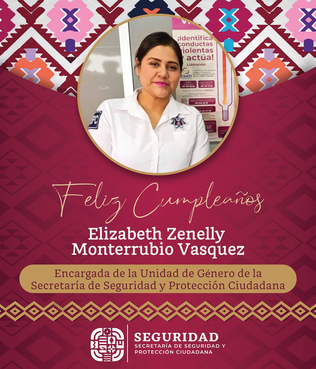 SSPC_GobOax's tweet photo. Quienes integramos esta secretaría le deseamos un feliz cumpleaños a la encargada de la @UnidadGnro_SSPO, Elizabeth Zenelly Monterrubio Vasquez. Que este año este lleno de salud y éxito.

¡Muchas felicidades! 🎂 https://t.co/nGDAb1cjQn