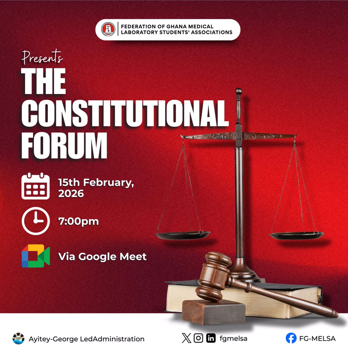 💬 Join us for the FG-MELSA Constitutional Forum where members of the Judiciary Committee will share insights on the Constitution. Get clarity on what the constitution means, how to interpret it, and its implications for Medical Laboratory Science students in Ghana.