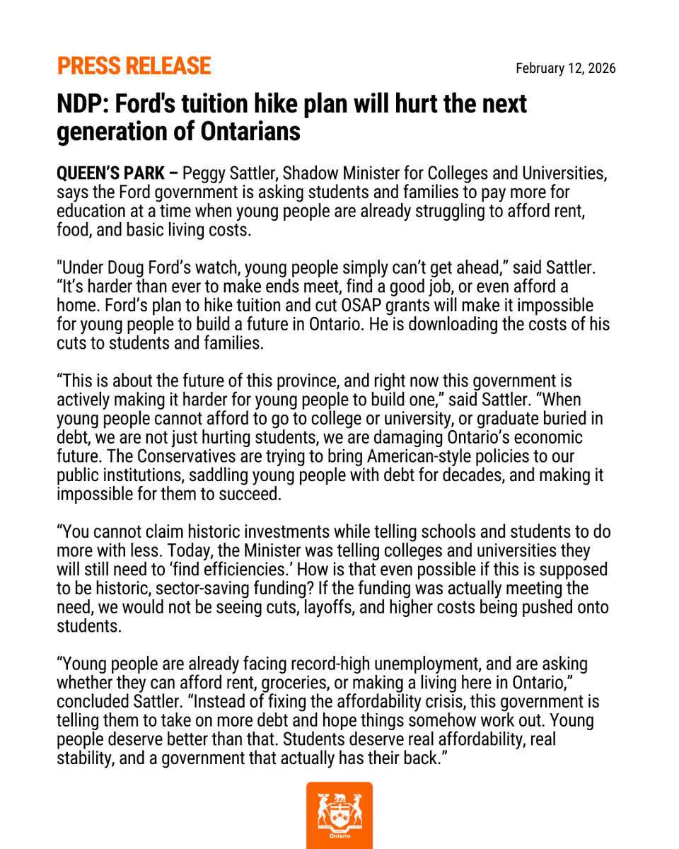 #NEW: NDP: Ford's tuition hike plan will hurt the next generation of Ontarians