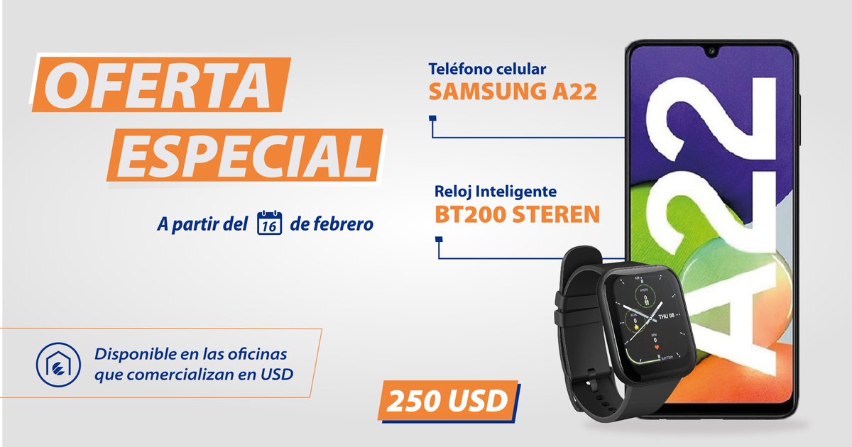 Samsung Galaxy A22 (Pantalla HD+, 128GB, Cámara Cuádruple)
Reloj Inteligente BT 200 (Monitoreo de salud, notificaciones,+5 deportes)
PRECIO: $250 USD 
⏳Oferta hasta agotar stock.
📍 Solo en las oficinas que comercializan en USD.
Visita la etecsa.cu
#OfertaNacional.