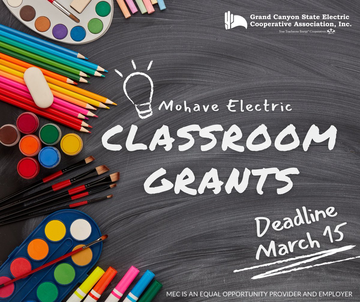 Our Member, <a href="/MohaveElectric/">Mohave Electric Cooperative</a> is committed to teachers and the community.  

Are you a teacher or know a teacher within MEC territory? Apply today for a classroom grant or share this with the teachers in your life! Deadline is March 15th. Visit: mohaveelectric.com/community/clas…