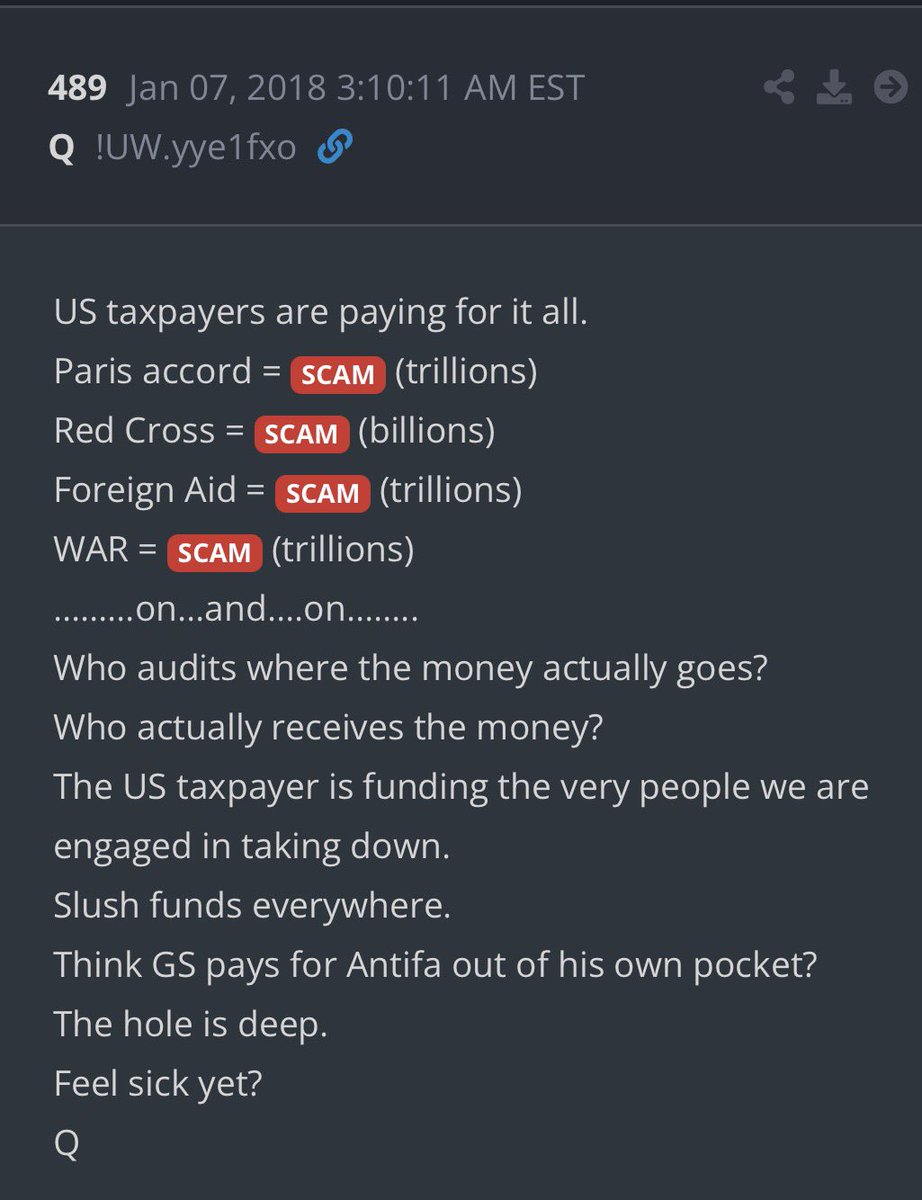People are finding out that US taxpayers were funding literally every shitty thing..
— climate change bs
— NGO’s funding terrorism 
— USAID fake aid lining the pockets of wealthy people
— riots and protests
— welfare for illegal aliens

Etc etc etc..

Q spoke to the public in a