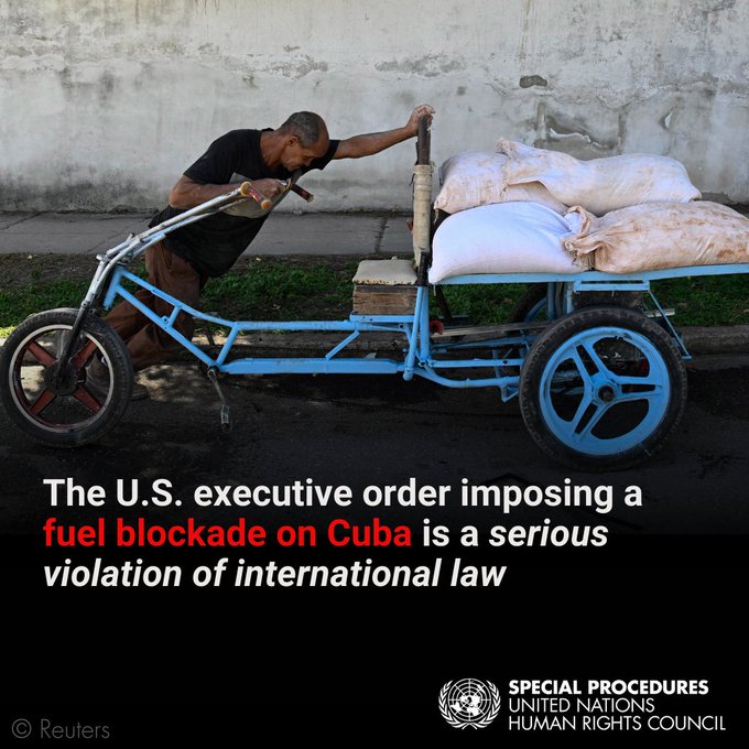 Expertos de Naciones Unidas condenan el bloqueo de combustibles impuesto por #USA a #Cuba y lo califican de "seria violación de las leyes internacionales". #CDRCuba #CubaVencerá #UnidosXCuba