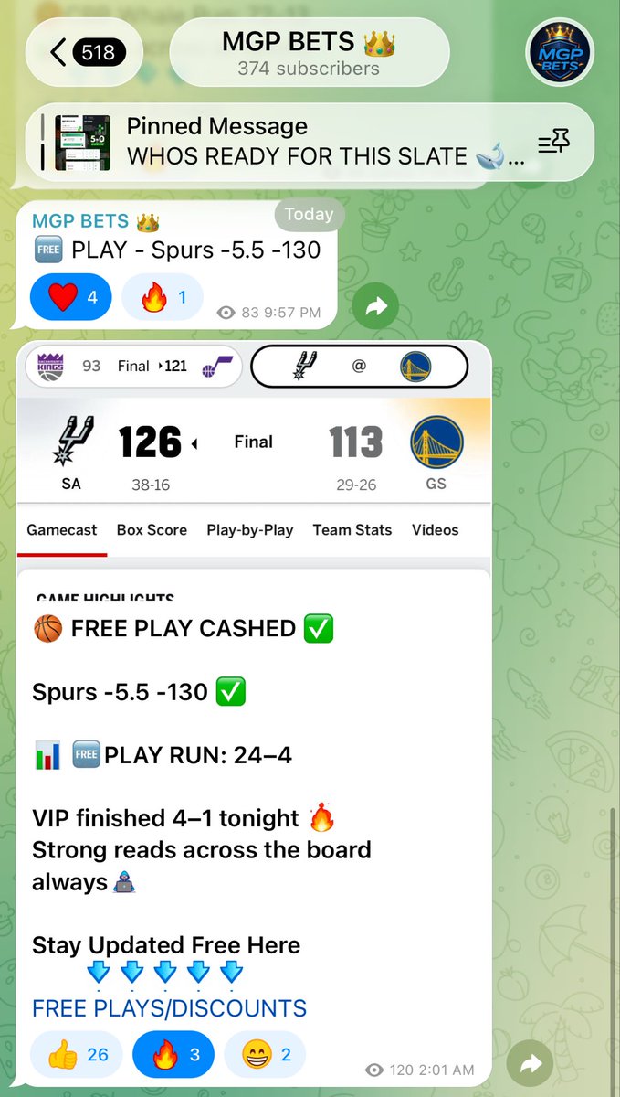 Posted a Free Play yesterday on NBA in our Free TG 🏀

Heavy Hitter 🔥

Spurs -5.5 -130 ✅

Join for Free for next Free Plays, link in Bio