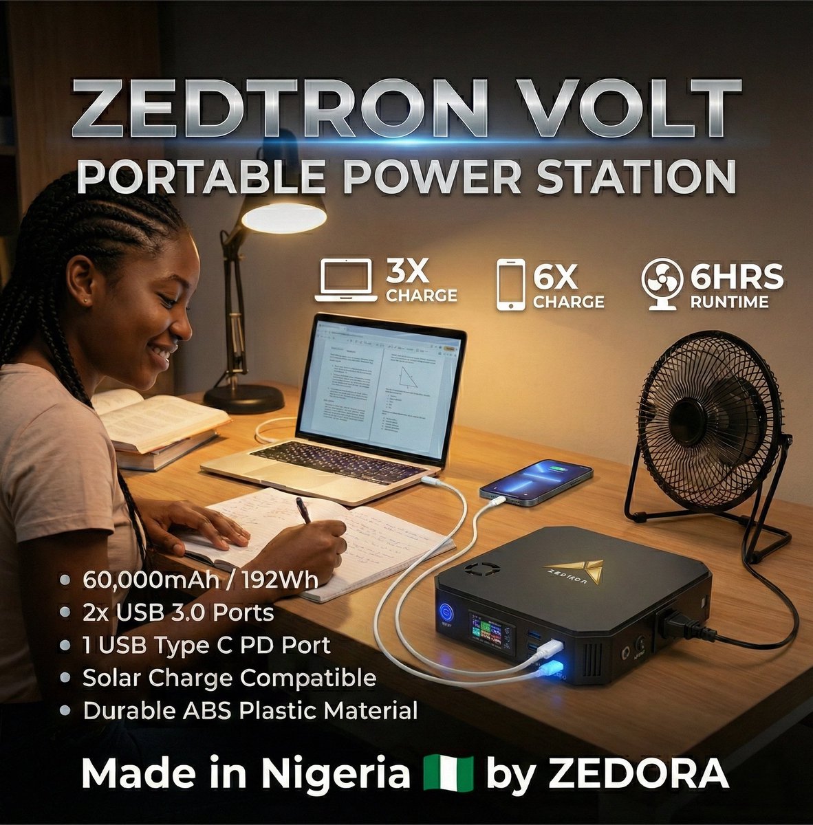 Our 2026 upgrade of the Zedtron Volt portable power station ⚡️
Higher capacity of 60,000mAh/192wh 
Supercharging from 0 to 100% in 2hrs
Light weight &amp; Sturdier ABS plastic build frame
Enhanced circuitry ✅
Extra air vent for enhanced cooling
Low battery alarm 
1 year warranty ✅