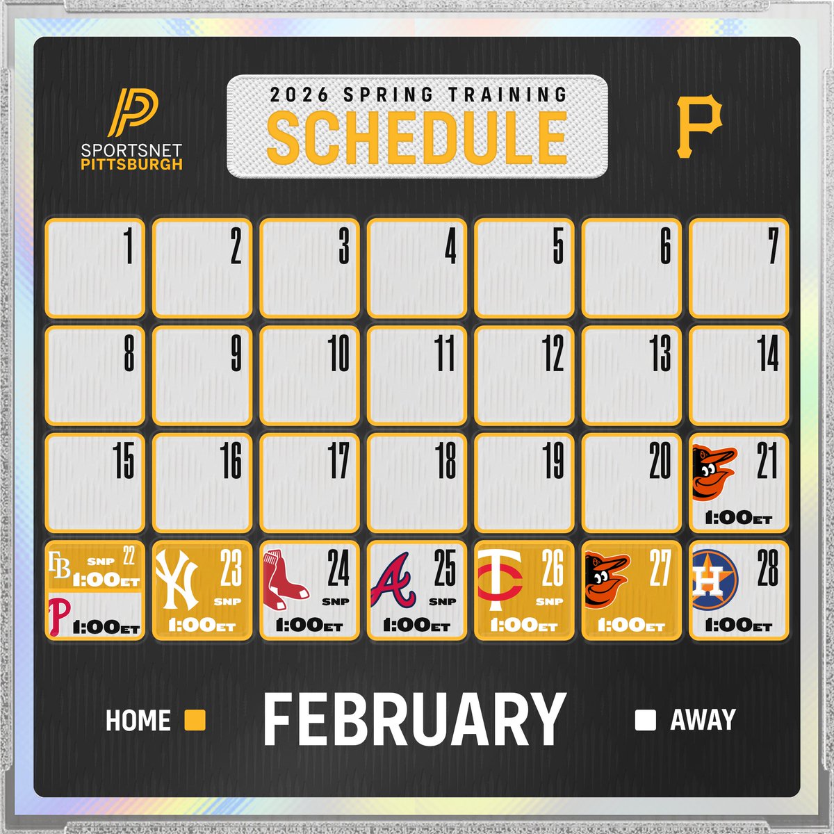 SNPittsburgh's tweet photo. Mark your calendars 🗓️ 🖊️

Introducing the broadcast schedule for 2026 #Pirates Spring Training 🏴‍☠️ 🌴 https://t.co/FPSn9Q3404