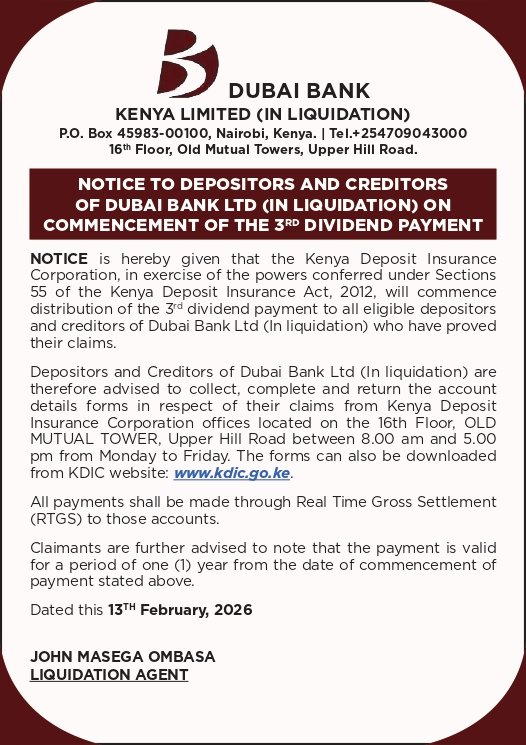 KDICkenya's tweet photo. IMPORTANT NOTICE TO DEPOSITORS AND CREDITORS OF DUBAI BANK LTD
#SaferStrongerTogether
#KDIC
#Dubaibankltd https://t.co/W1HUMeFxA9