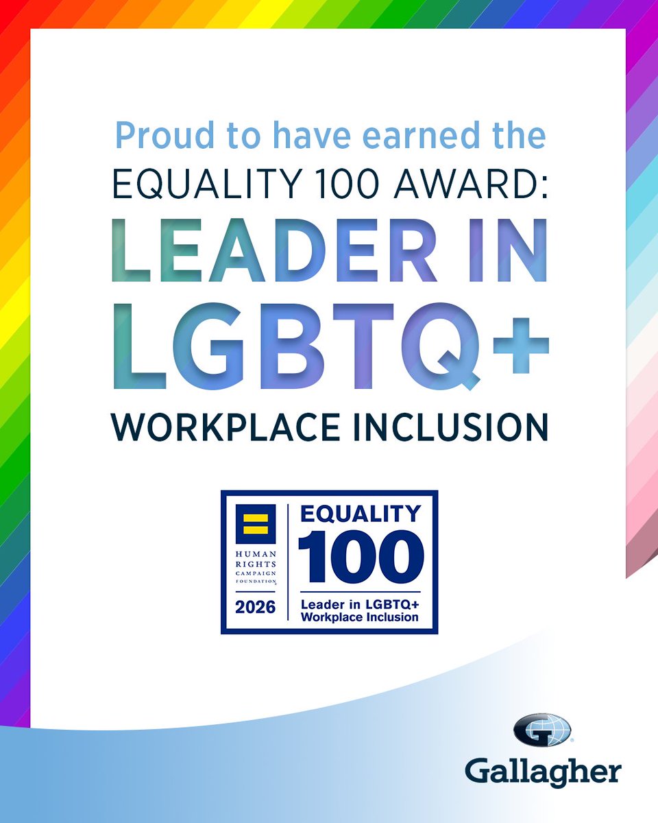 We’re honored to share that Gallagher has once again been recognized with the Equality 100 Award from the <a href="/HRC/">Human Rights Campaign Rapid Response</a> Foundation’s Corporate Equality Index for 2026! 

This prestigious recognition highlights our steadfast dedication to fostering equality, inclusivity, and belonging