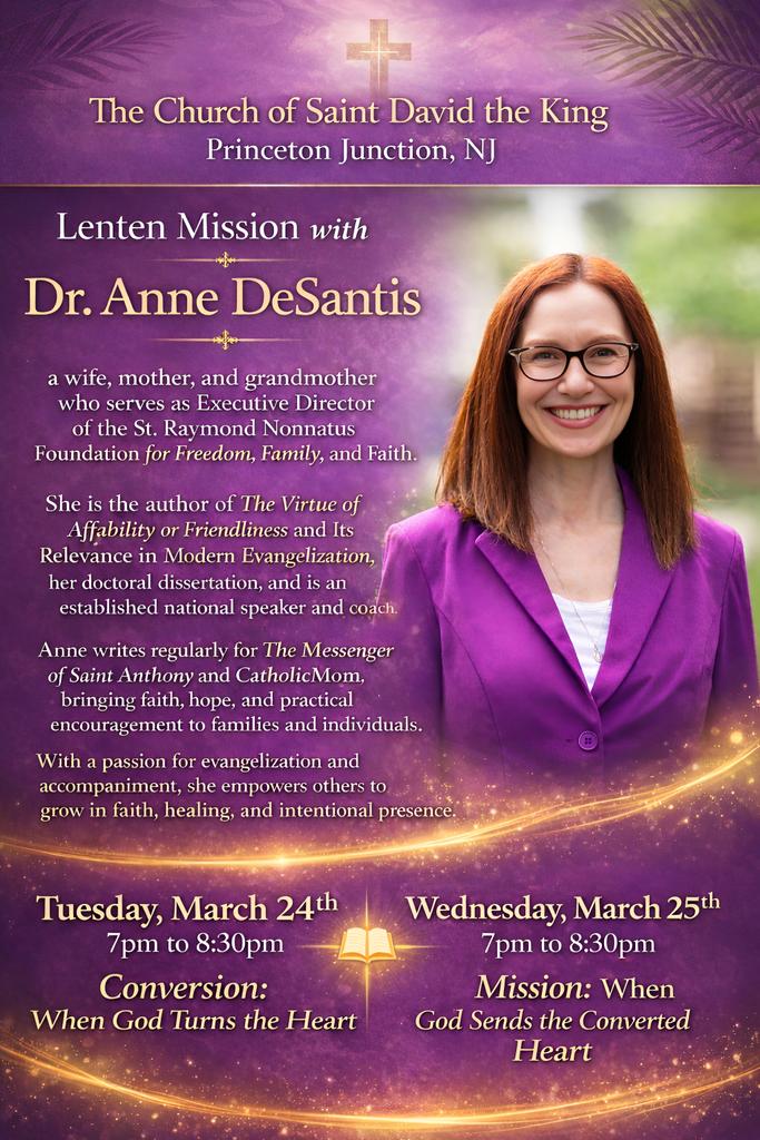 AnneDeSantis2's tweet photo. I’m truly grateful and blessed to be speaking at St. David the King Parish in Princeton Junction, NJ 🙏
Details below! https://t.co/SACxAf3az6