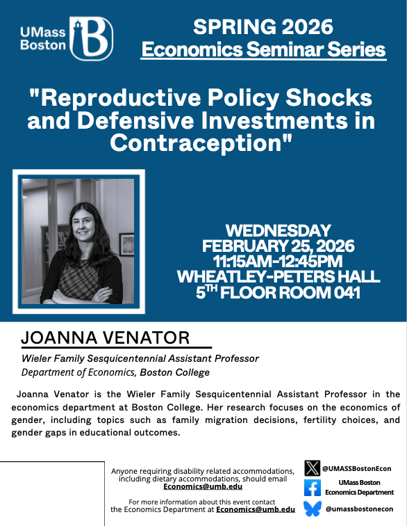 Our first department seminar of the spring semester is Wednesday, February 25 at 11:15am with Joanna Venator (Boston College). Joanna is presenting "Reproductive Policy Shocks and Defensive Investments in Contraception". (Details below)